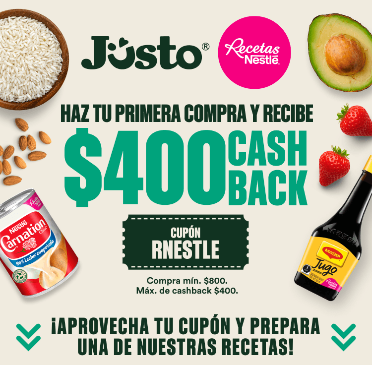 Jüsto y recetas Nestlé se unen, usa el cupón RNESTLE para obtener $400 cashback.
